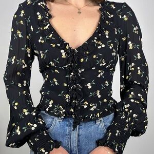 Free People delicate black and yellow cherry print ruffle blouse